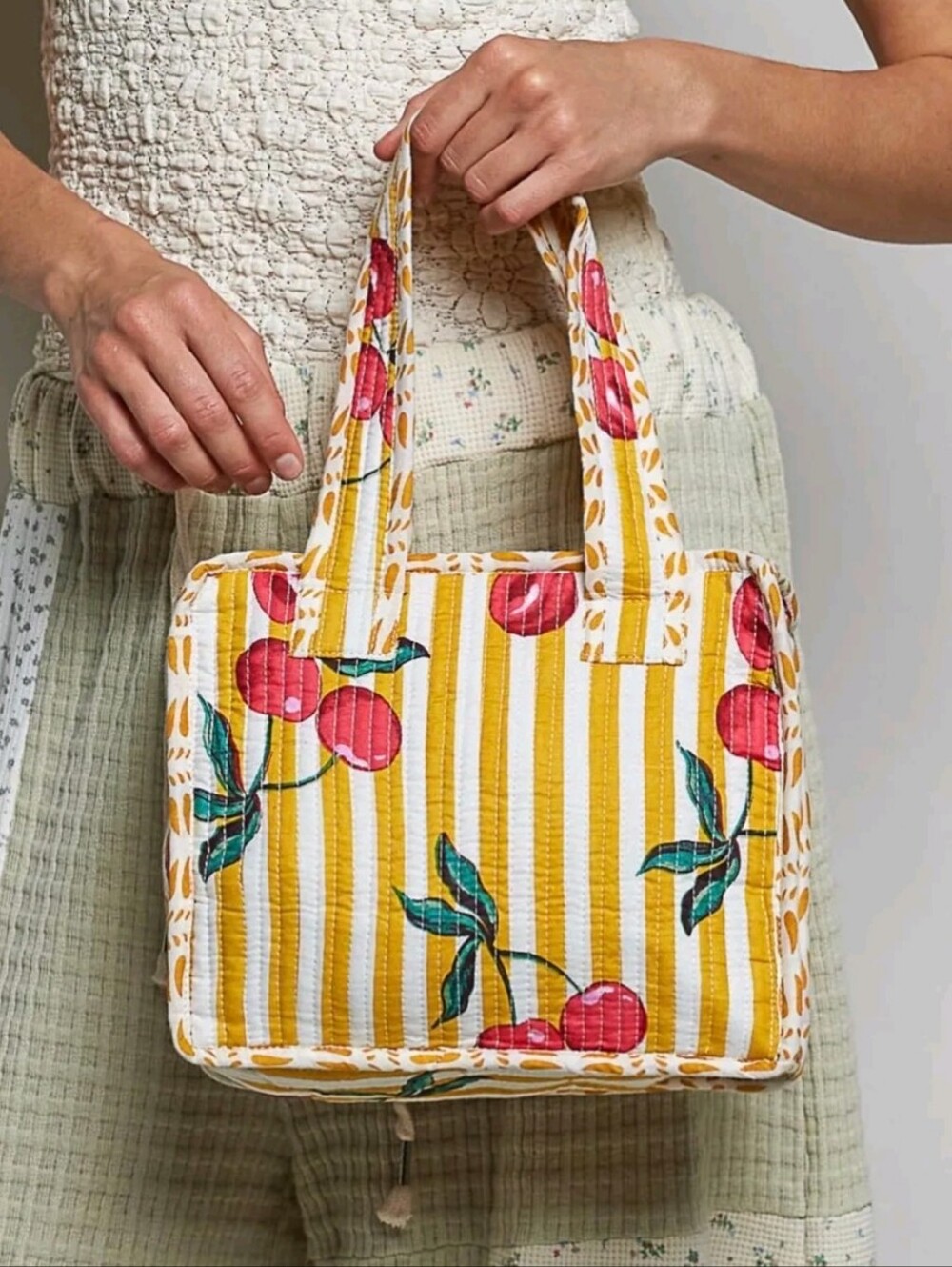 Pol Honey Mustard Quilted Cherry Mini Tote Bag NWOT